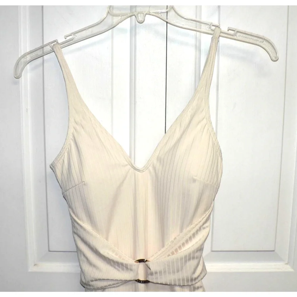 Michael Kors Women's Sash Logo Trim One Piece Ribbed Swimsuit in Cream Sz 8 $122